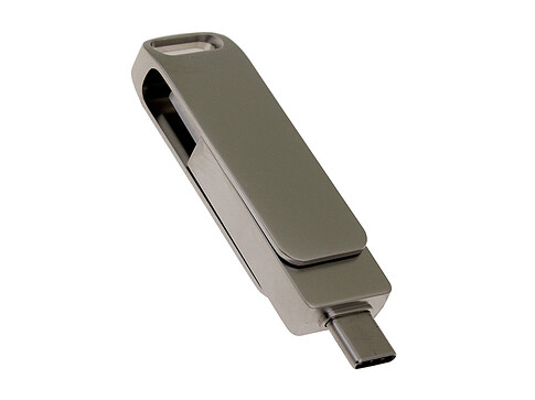 USB-флешка на 16 Гб поворотный механизм 2 в 1, c дополнительным разъемом Type-C с одноцветным металлическим клипом, серый
