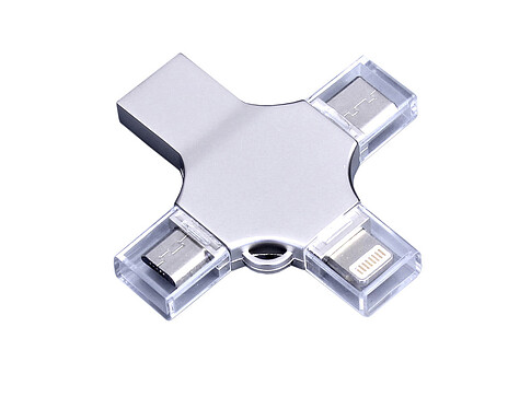 USB-флешка на 32 Гб 4 в 1 поворотный механизм, c дополнительными разъемами MicroUSB, TypeC и Lightning, серебристый