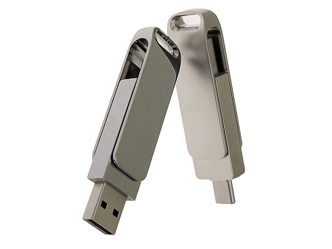 USB-флешка на 16 Гб поворотный механизм 2 в 1, c дополнительным разъемом Type-C с одноцветным металлическим клипом, серый