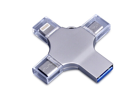 USB-флешка на 32 Гб 4 в 1 поворотный механизм, c дополнительными разъемами MicroUSB, TypeC и Lightning, серебристый