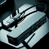 USB-хаб STEM 7 в 1, серый, алюминий