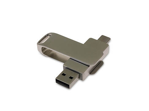 USB-флешка на 16 Гб поворотный механизм 2 в 1, c дополнительным разъемом Type-C с одноцветным металлическим клипом, серый