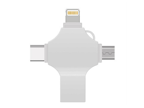 USB-флешка на 32 Гб 4 в 1 поворотный механизм, c дополнительными разъемами MicroUSB, TypeC и Lightning, серебристый