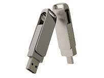 USB-флешка на 16 Гб поворотный механизм 2 в 1, c дополнительным разъемом Type-C с одноцветным металлическим клипом, серый