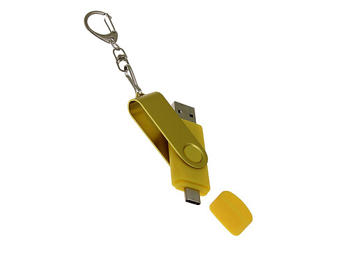 USB-флешка на 64 Гб 2 в 1 поворотный механизм, c дополнительным разъемом Type-C с одноцветным металлическим клипом, желтый