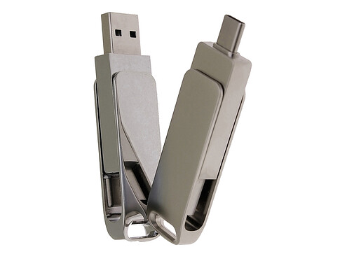 USB-флешка на 16 Гб поворотный механизм 2 в 1, c дополнительным разъемом Type-C с одноцветным металлическим клипом, серый